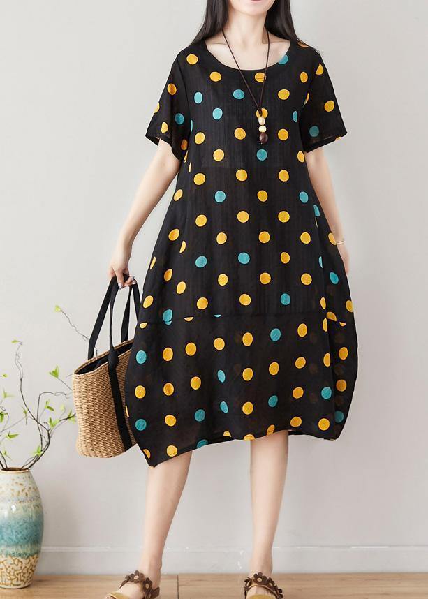 Classy dotted Cotton clothes Women Shape black Dress summer - SooLinen