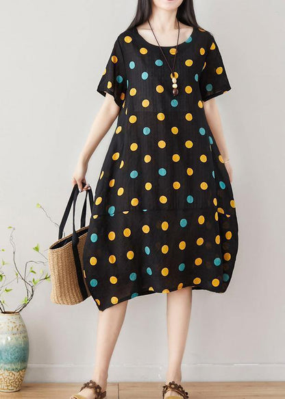 Classy dotted Cotton clothes Women Shape black Dress summer - SooLinen