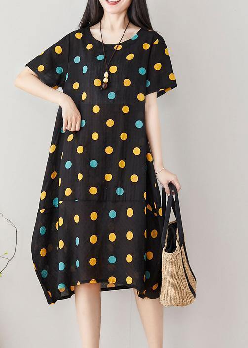 Classy dotted Cotton clothes Women Shape black Dress summer - SooLinen