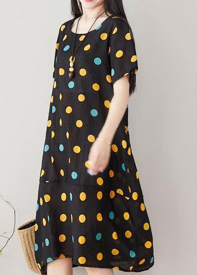 Classy dotted Cotton clothes Women Shape black Dress summer - SooLinen