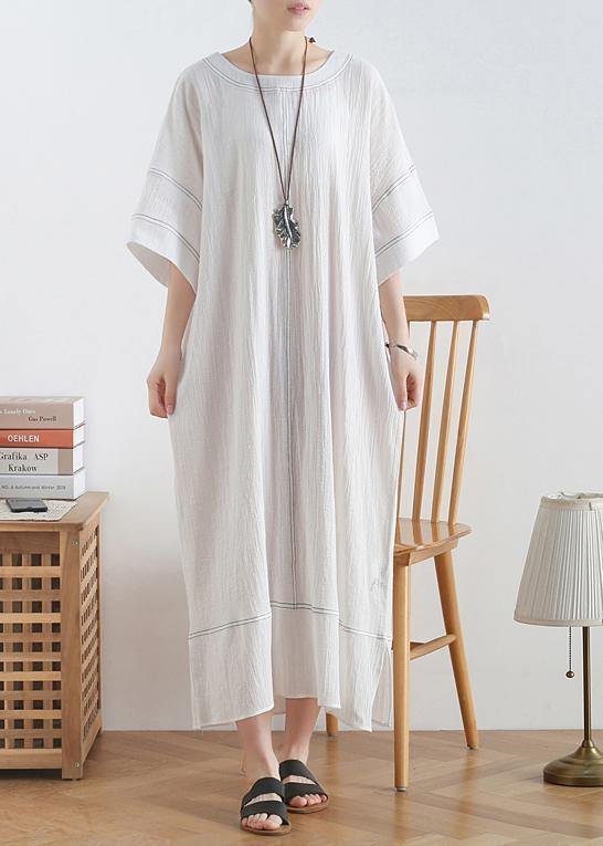 Classy gray cotton Tunic o neck patchwork loose summer Dress - SooLinen