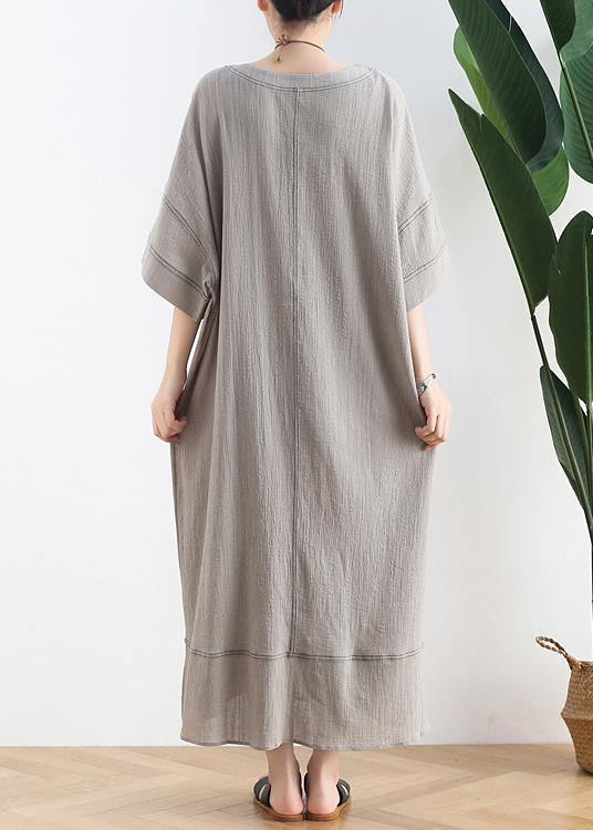 Classy gray cotton Tunic o neck patchwork loose summer Dress - SooLinen