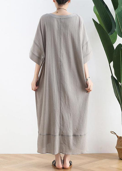 Classy gray cotton Tunic o neck patchwork loose summer Dress - SooLinen