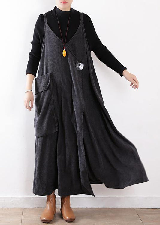 Classy gray dress Large pockets long fall Dresses - SooLinen