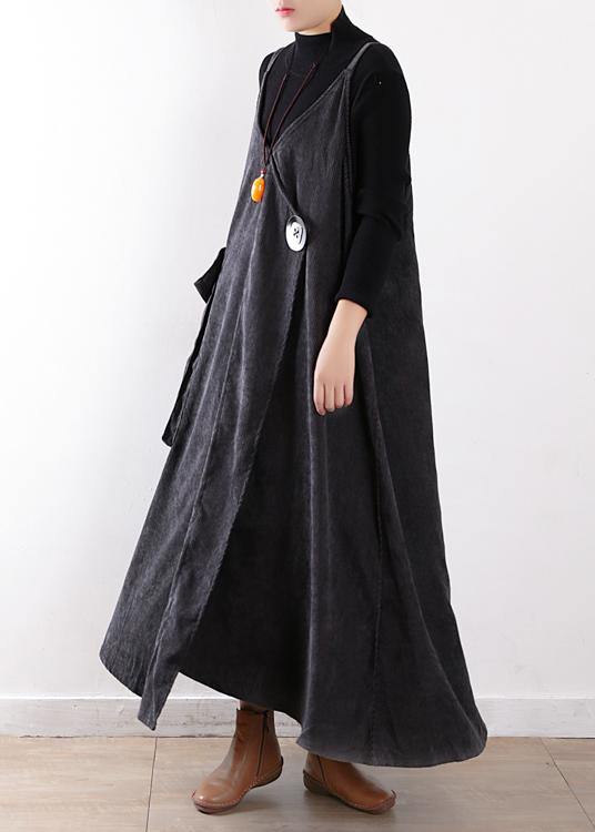 Classy gray dress Large pockets long fall Dresses - SooLinen