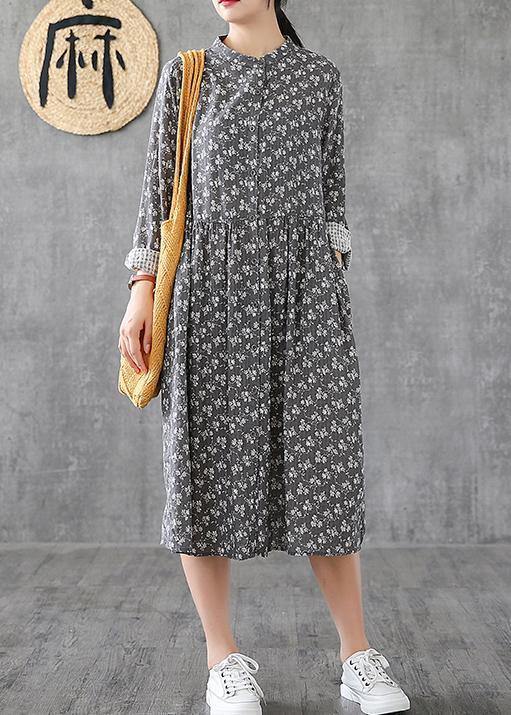 Classy gray print linen Wardrobes stand collar patchwork short Dresses - SooLinen
