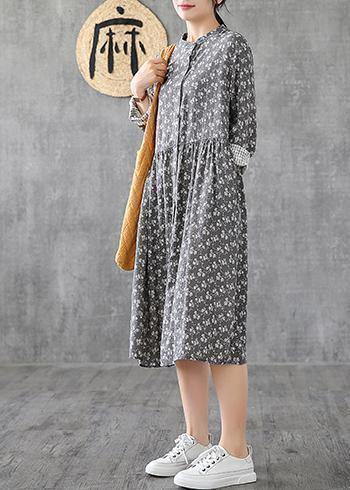 Classy gray print linen Wardrobes stand collar patchwork short Dresses - SooLinen