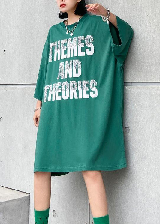 Classy green Cotton tunic dresso neck Letter Midi summer Dress - SooLinen