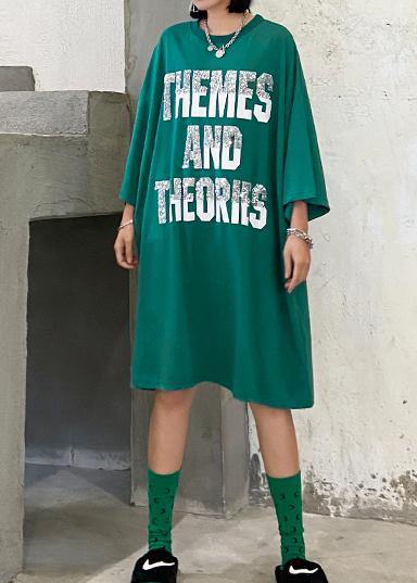 Classy green Cotton tunic dresso neck Letter Midi summer Dress - SooLinen