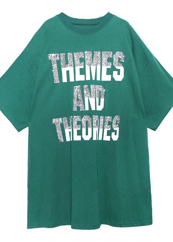 Classy green Cotton tunic dresso neck Letter Midi summer Dress - SooLinen