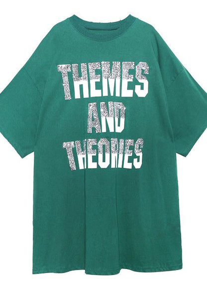 Classy green Cotton tunic dresso neck Letter Midi summer Dress - SooLinen