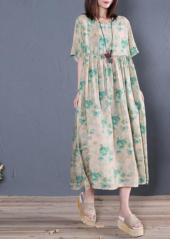 Classy green print cotton tunic dresso neck Cinched Dresses - SooLinen