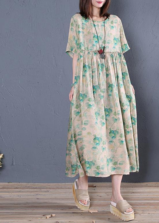 Classy green print cotton tunic dresso neck Cinched Dresses - SooLinen