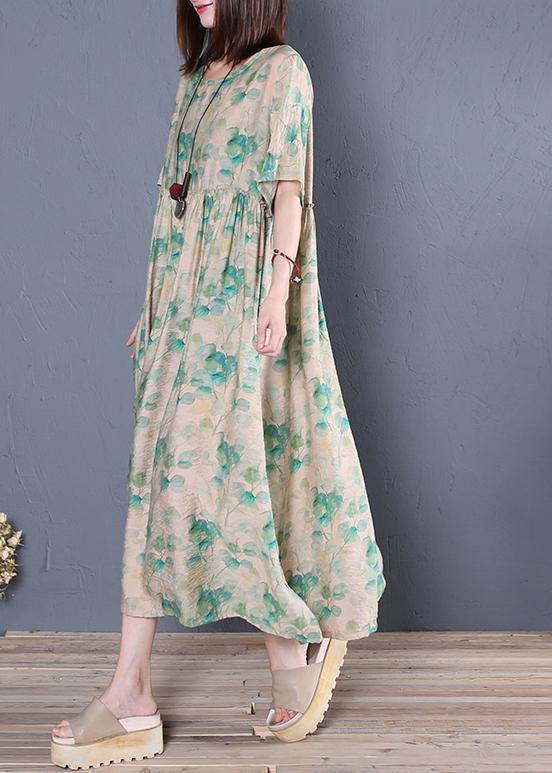Classy green print cotton tunic dresso neck Cinched Dresses - SooLinen