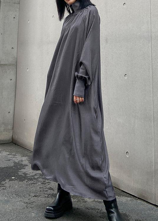 Classy high neck Cinched quilting dresses Shirts gray Maxi Dresses - SooLinen