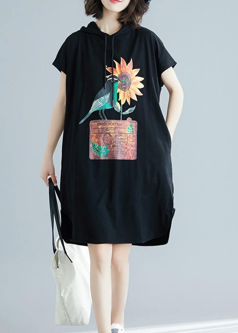 Classy hooded Cotton dresses Fabrics black Dresses summer - SooLinen