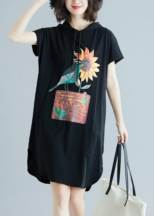 Classy hooded Cotton dresses Fabrics black Dresses summer - SooLinen