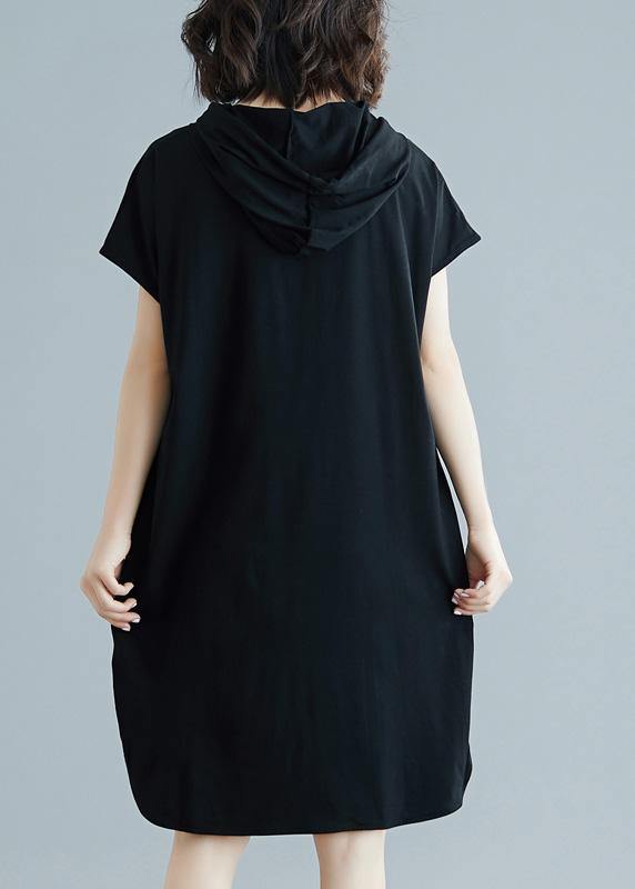 Classy hooded Cotton dresses Fabrics black Dresses summer - SooLinen