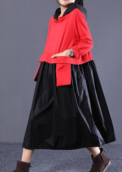Classy hooded patchwork spring tunic dress Photography red black Art Dress - SooLinen
