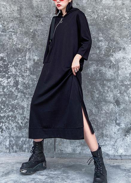 Classy hooded side open spring Wardrobes black Dress - SooLinen