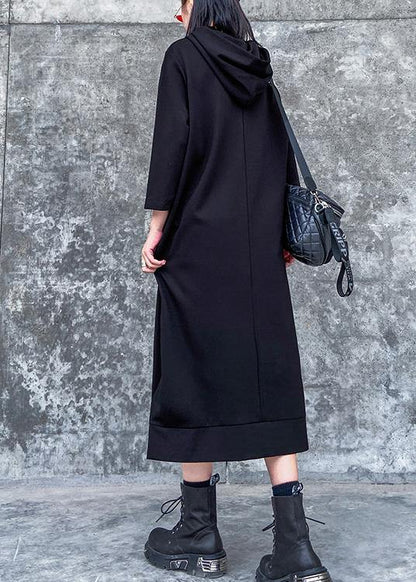 Classy hooded side open spring Wardrobes black Dress - SooLinen
