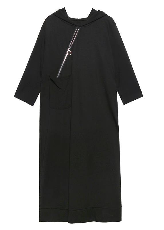 Classy hooded side open spring Wardrobes black Dress - SooLinen