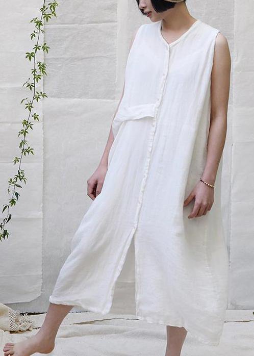 Classy linen dress Korea Pure Color Single Breasted Comfortable Sundress - SooLinen