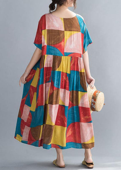 Classy multicolor plaid cotton clothes Women o neck Cinched Kaftan summer Dress - SooLinen