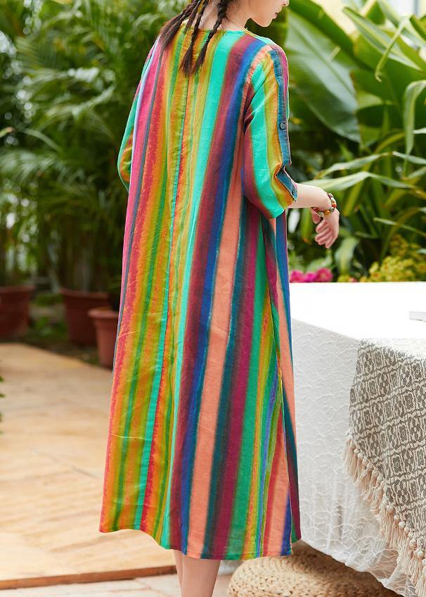 Classy multicolor striped linen clothes For Women o neck pockets summer Dresses - SooLinen