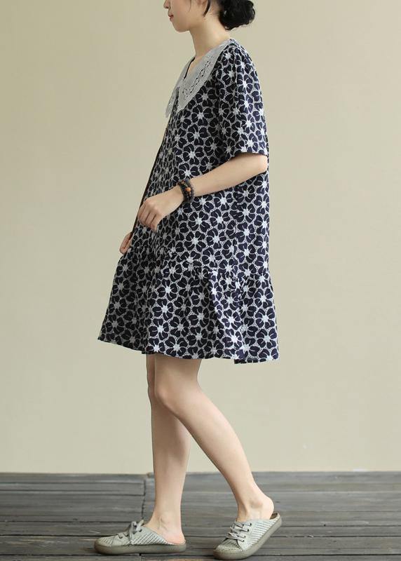 Classy navy print Cotton patchwork short sleeve baggy Dresses - SooLinen