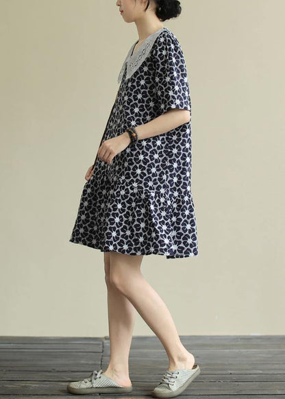 Classy navy print Cotton patchwork short sleeve baggy Dresses - SooLinen