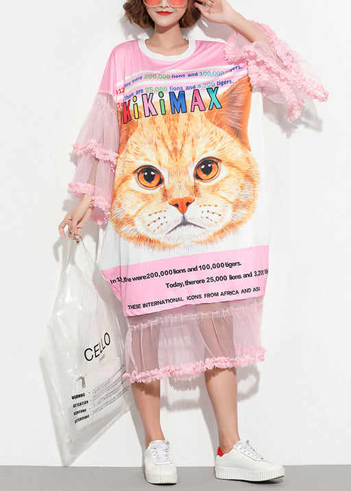 Classy o neck Cute Cotton Tunics 2025 Sewing pink patchwork Dress Summer