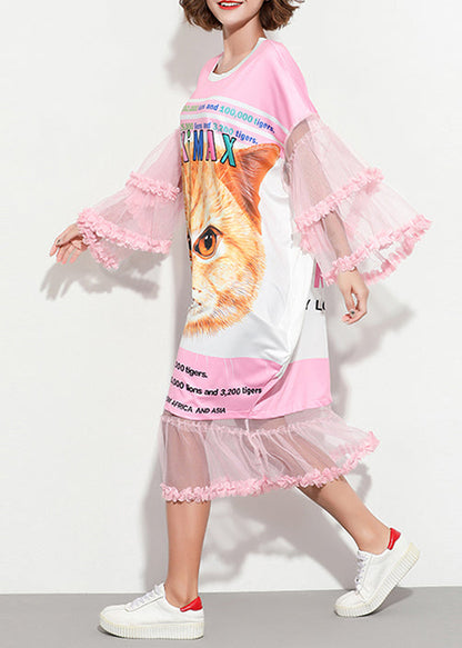 Classy o neck Cute Cotton Tunics 2025 Sewing pink patchwork Dress Summer