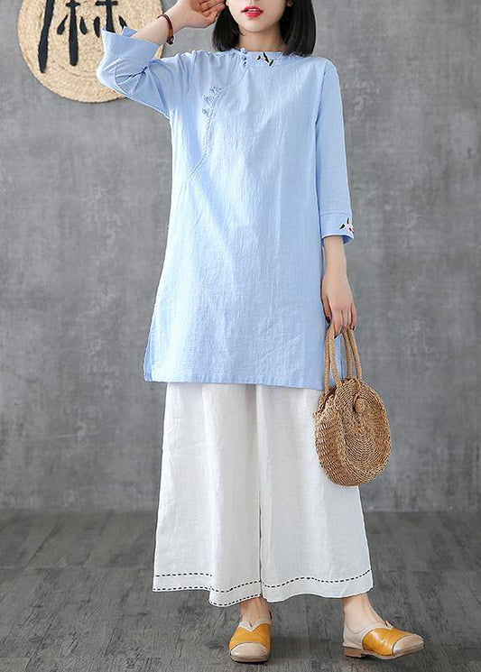Classy o neck embroidery linen Robes Work light blue Dress - SooLinen