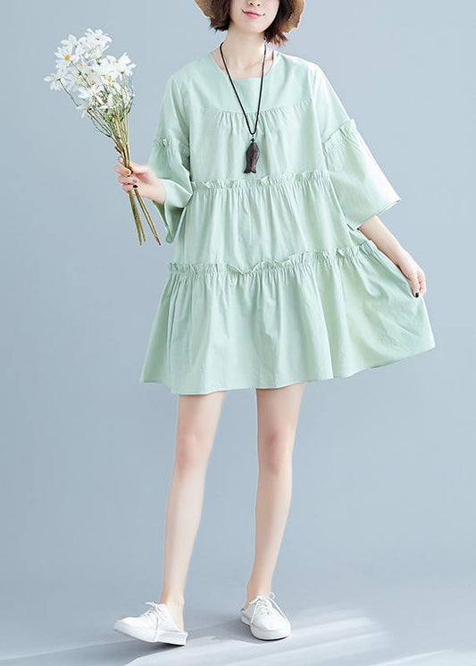 Classy o neck flare sleeve Cinched Cotton Wardrobes Inspiration light green Dresses summer - SooLinen