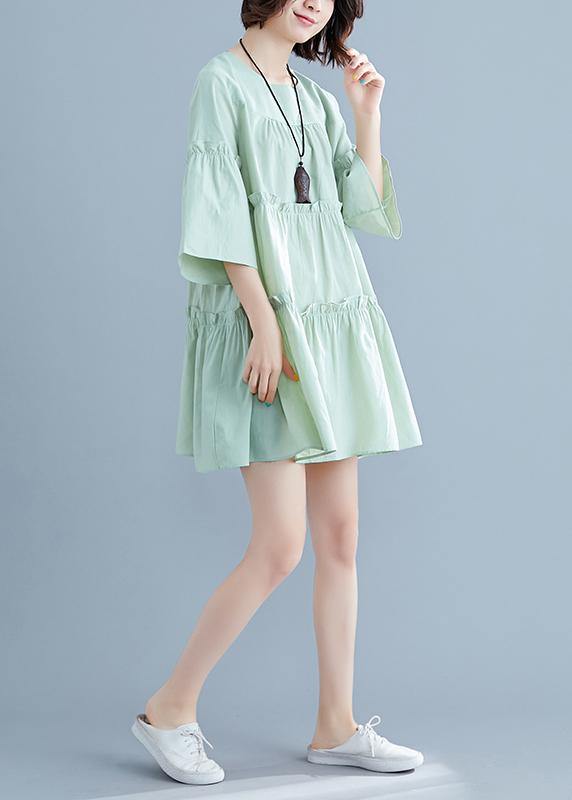 Classy o neck flare sleeve Cinched Cotton Wardrobes Inspiration light green Dresses summer - SooLinen