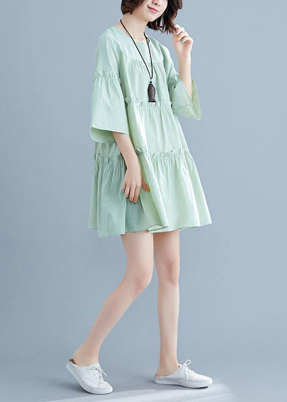 Classy o neck flare sleeve Cinched Cotton Wardrobes Inspiration light green Dresses summer - SooLinen