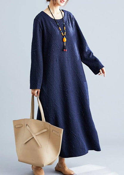 Classy o neck jacquard cotton Wardrobes Tunic navy Traveling Dresses fall - SooLinen