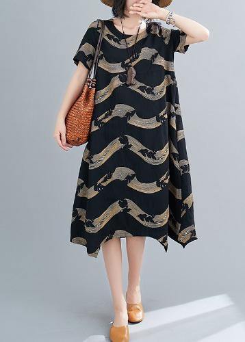 Classy o neck patchwork linen summer Robes Cotton black striped Dresses - SooLinen