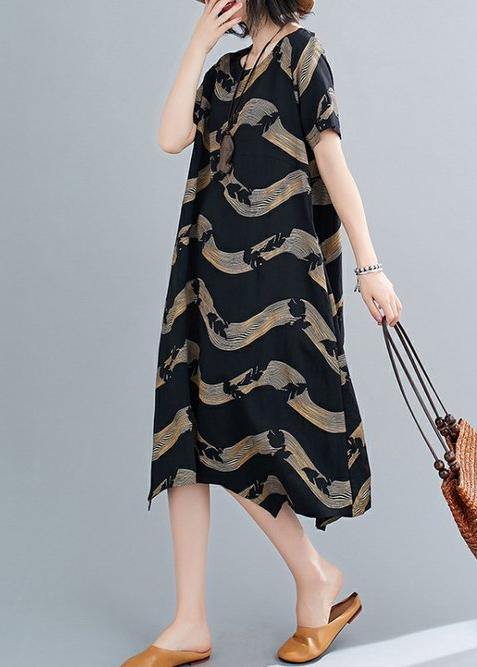 Classy o neck patchwork linen summer Robes Cotton black striped Dresses - SooLinen