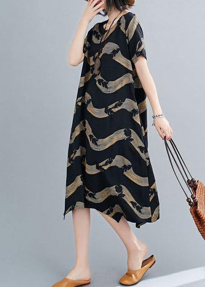 Classy o neck patchwork linen summer Robes Cotton black striped Dresses - SooLinen