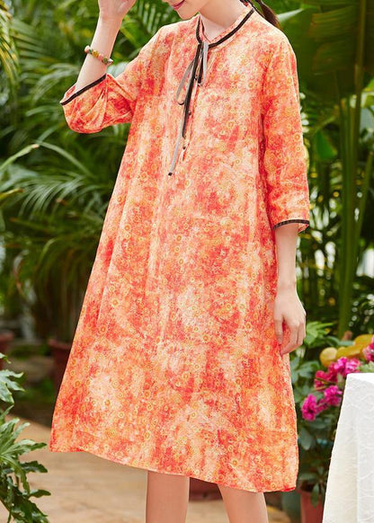 Classy o neck pockets half sleeve linen Wardrobes Sewing orange print Dress summer - SooLinen