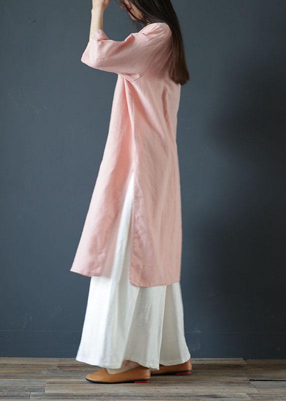 Classy o neck side open linen dress design light print Dresses - SooLinen