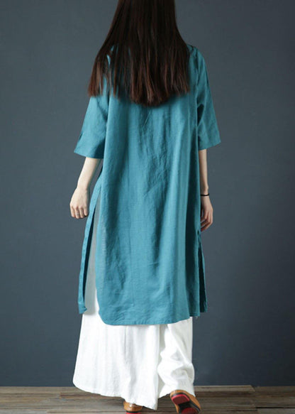 Classy o neck side open linen dress design light print Dresses - SooLinen