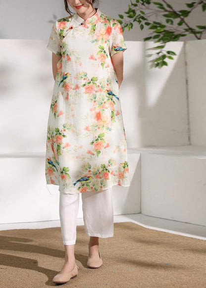 Classy orange floral linen clothes short sleeve Dresses o neck Dress - SooLinen