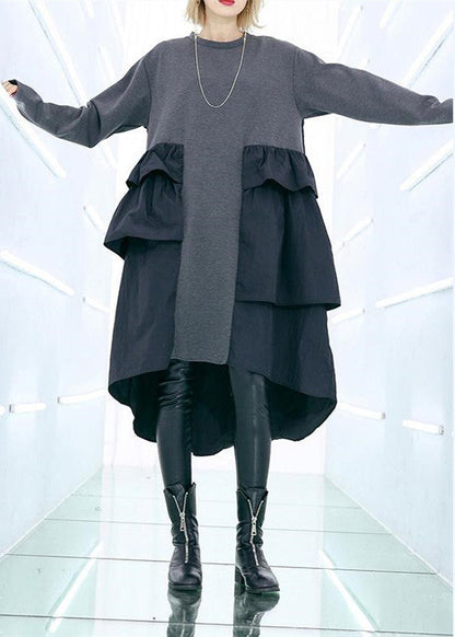 Classy patchwork Cotton Wardrobes plus size Sleeve gray baggy Dress