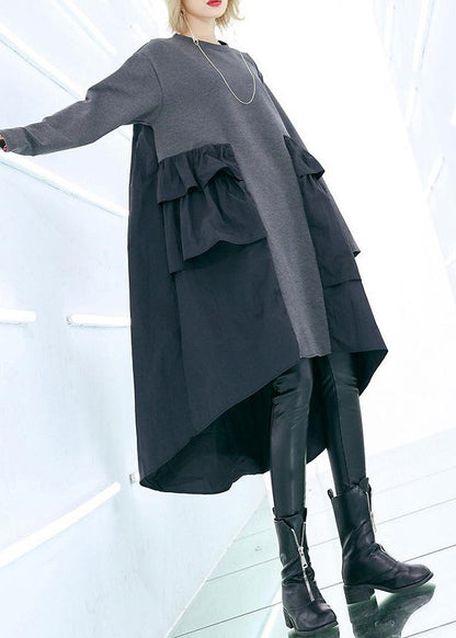 Classy patchwork Cotton Wardrobes plus size Sleeve gray baggy Dress