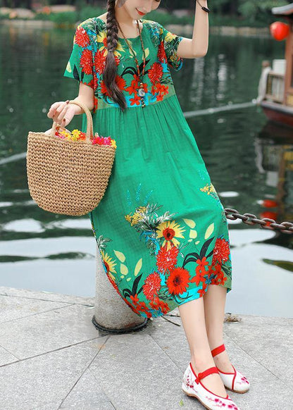 Classy print cotton clothes Women Tutorials green Robe Dress summer - SooLinen