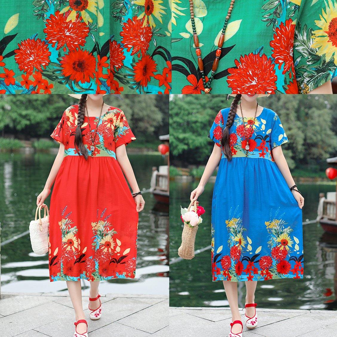 Classy print cotton clothes Women Tutorials green Robe Dress summer - SooLinen