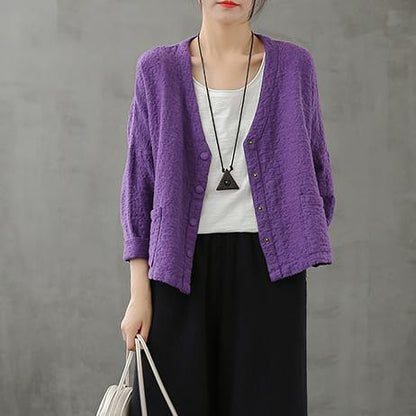 Classy purple Tunic v neck Button Down Dresses fall shirt - SooLinen